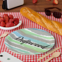 Prato De Papel Cinzas De Madeira Azul Stripes Verdes Aquarelas
