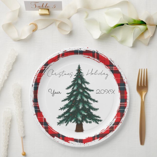 Prato De Papel Circle Plaid Christmas Tree plates. (Casamento)