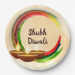 Prato De Papel Círculo da aguarela de Diwali Diyas