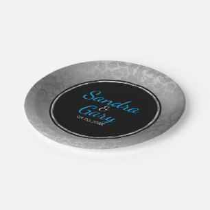 Prato De Papel Círculo Preto De Damasco De Prata Com Anel De Prat