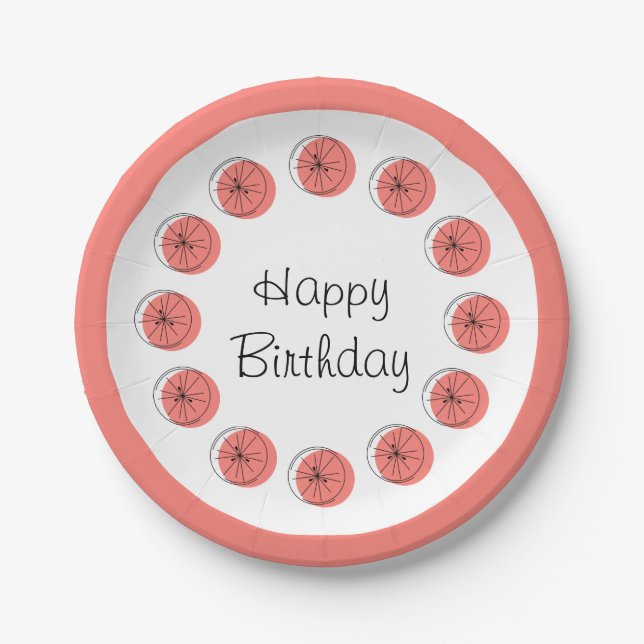 Prato De Papel Círculo Rosa Cítrico Feliz Aniversário (Frente)