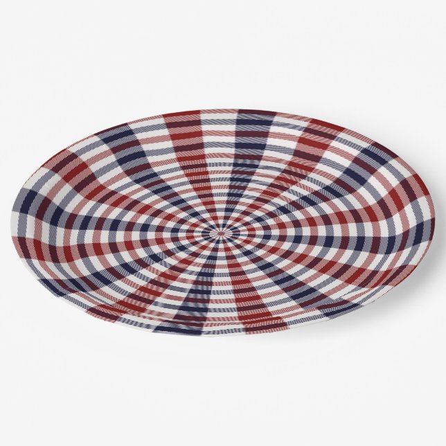 Prato De Papel Círculo xadrez vermelho branco e azul (Inclinado)