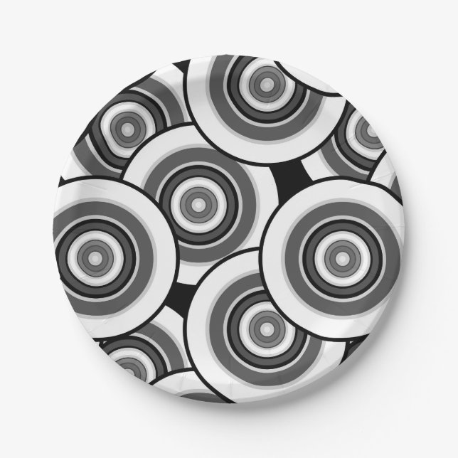 Prato De Papel Círculos e anéis - padrão geométrico preto e branc (Frente)