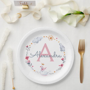 Prato De Papel Cisne rosa-claro e coroa floral com monograma w