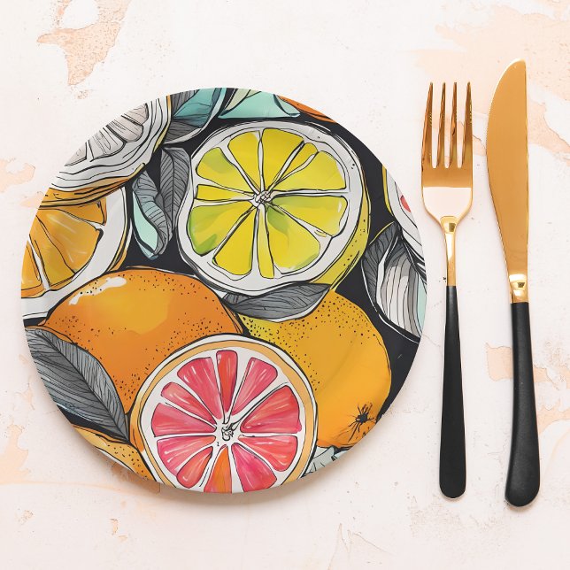 Prato De Papel Citrus coloridos (Colorful paper plates for parties, picnics, barbecues and everyday use.)