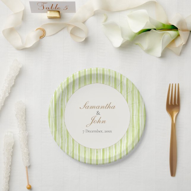 Prato De Papel Citrus Green Striped Retro Wedding Paper Plates (Casamento)