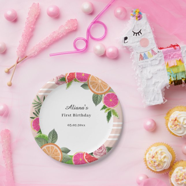 Prato De Papel Citrus Tropical Watercolor Aniversário mínimo (Festa)