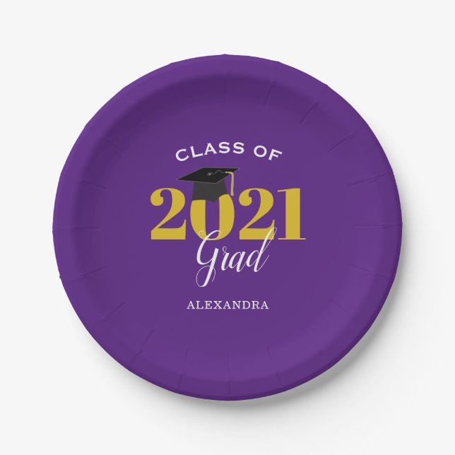 Prato De Papel Classe de 2021 Formando Roxo Simples e Dourado (Frente)