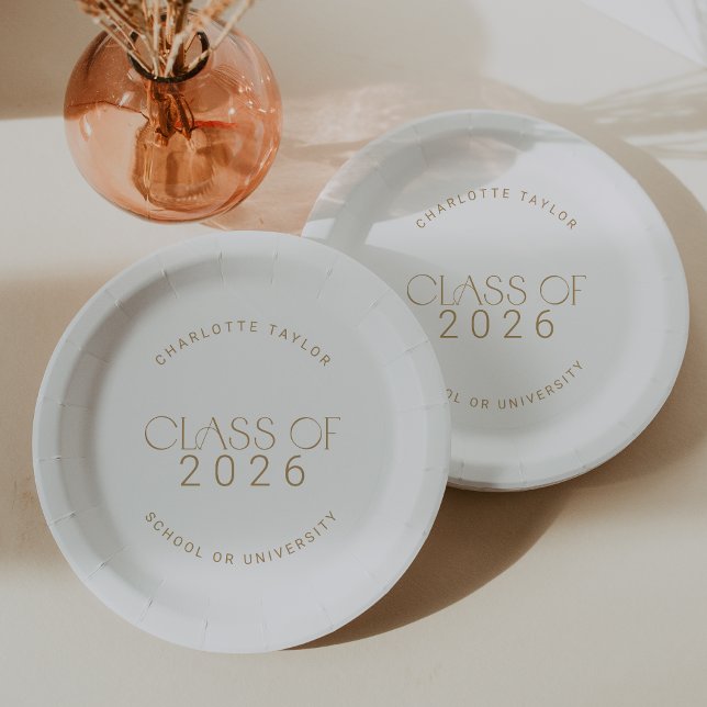Prato De Papel Classe Dourada Moderna de Graduação 2025 (Modern Fete Gold Class of 2026 Graduation Paper Plates)
