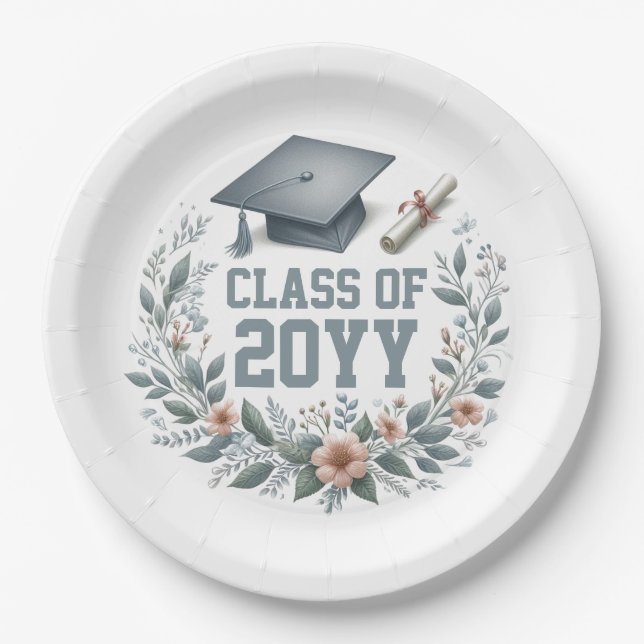Prato De Papel Classe Floral com Diploma e Capa de Graduação (Frente)