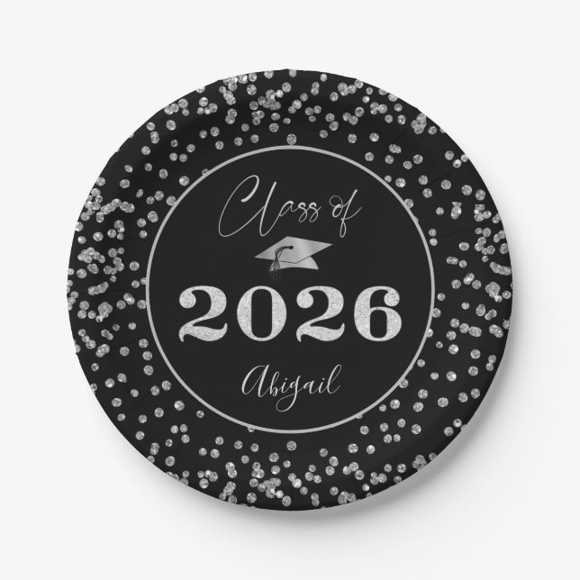 Prato De Papel CLASSE Glitter Black Silver, Graduação Chic, DE 20 (Frente)