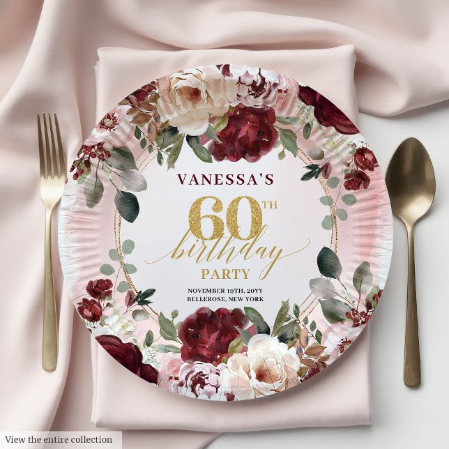 Prato De Papel Classic Burgundy Gold Floral Boho 60th Birthday  (Classic Burgundy Gold Floral Boho 60th Birthday Plates)