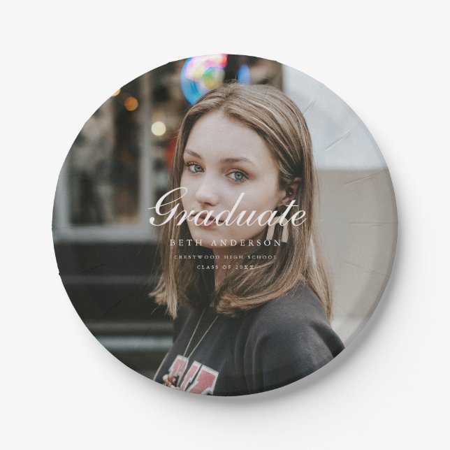 Prato De Papel Classic Elegant Script Graduation Party Full Photo (Frente)