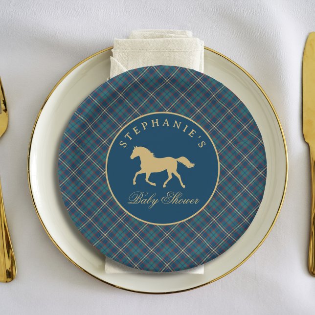 Prato De Papel Classic Horse Equestrian Tartan Plaid  Baby Shower (Criador carregado)