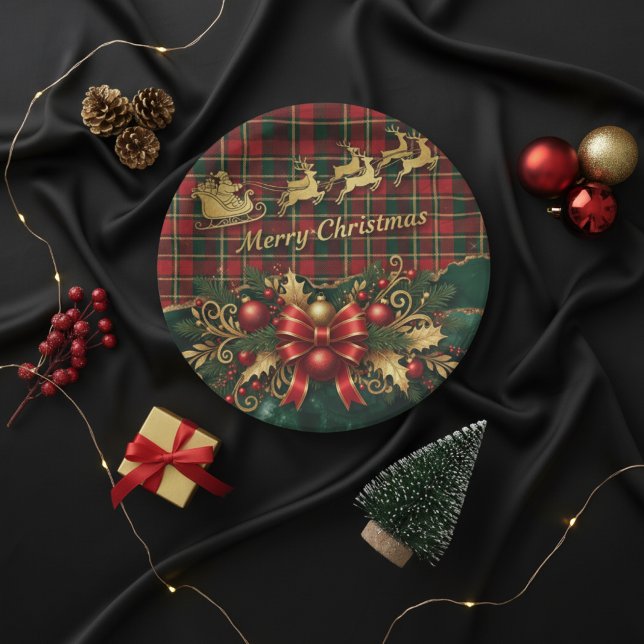 Prato De Papel Classic Merry Christmas Plaid Design (Criador carregado)