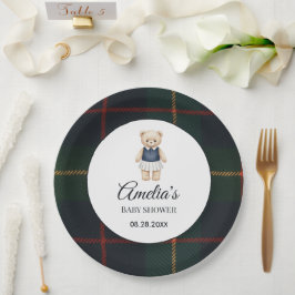 Prato De Papel Classic Polo Teddy Bear Preppy Plaid Baby Shower 