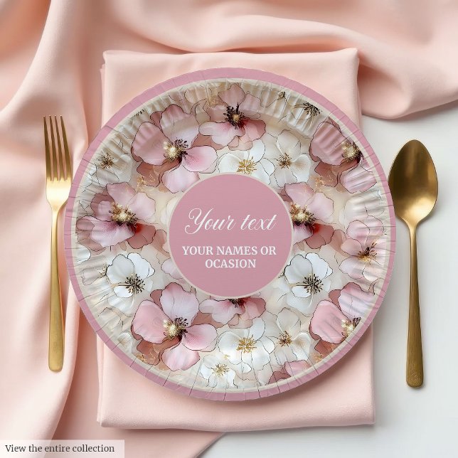 Prato De Papel Classic powder pink and gold floral paper plates (Classic powder pink and gold floral paper plates)
