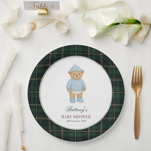Prato De Papel Classic Preppy Bear Tartan Baby Shower (Casamento)