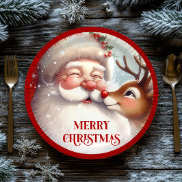 Prato De Papel Classic Santa and Rudolph Kids Christmas Plates