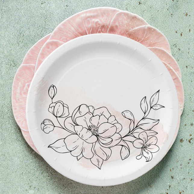 Prato De Papel Clássica com Lâmpada redonda com Floral Preto (Classic Round Blush Watercolor with Black Floral Paper Plates)
