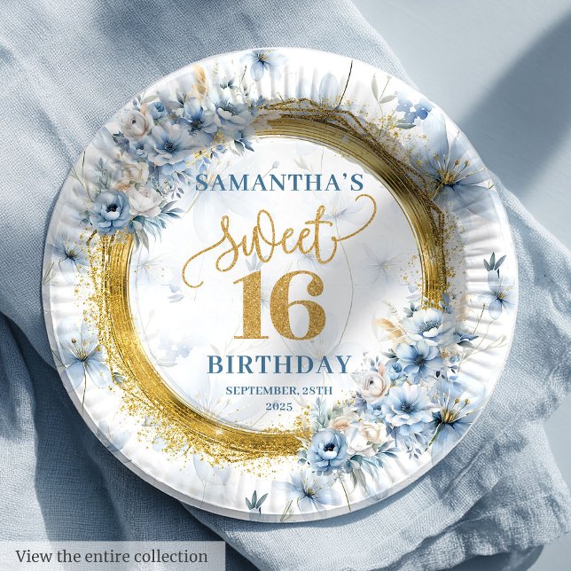 Prato De Papel Clássico Azul Doce 16 Glitter Dourado (Classic Dusty Blue Sweet Sixteen Gold Glitter Paper Plates)