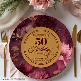 Prato De Papel Clássico Boho Burgundy Blush Dourado 50º Aniversár