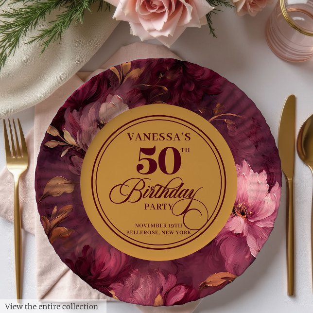 Prato De Papel Clássico Boho Burgundy Blush Dourado 50º Aniversár (Classic Boho Burgundy Blush Gold 50th Birthday Paper Plates)