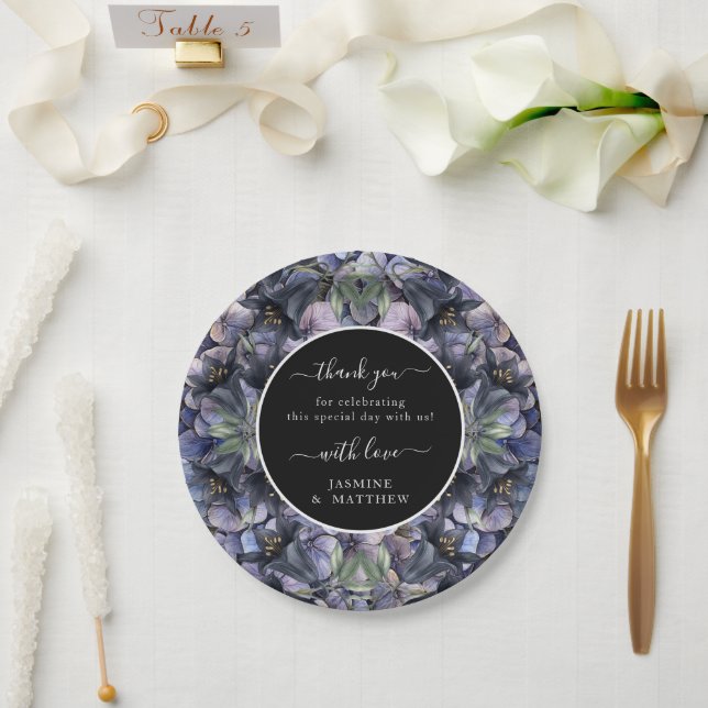 Prato De Papel Clássico Casamento Chic Obrigado Floral Preto Temp (Casamento)