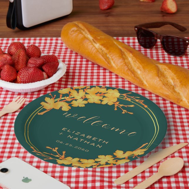 Prato De Papel Clássico Emerald Green Dourado Floral (Piquenique)