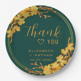 Prato De Papel Clássico Emerald Green e Dourado Casamento Obrigad