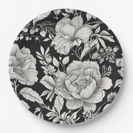 Prato De Papel Clássico Floral Preto e Branco Vintage