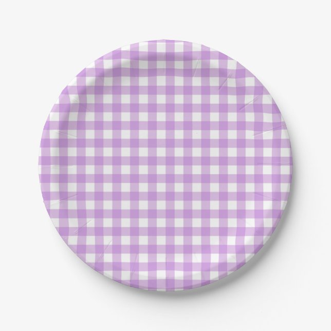 Prato De Papel Clássico Gingham Check Xadrez Padrão Pastel Roxo (Frente)