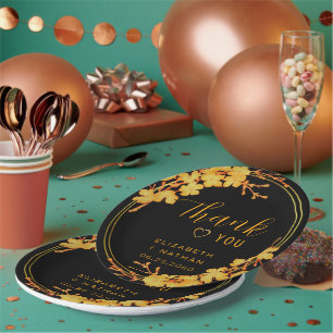 Prato De Papel Clássico Luxo Negro e Dourado Casamento Obrigado