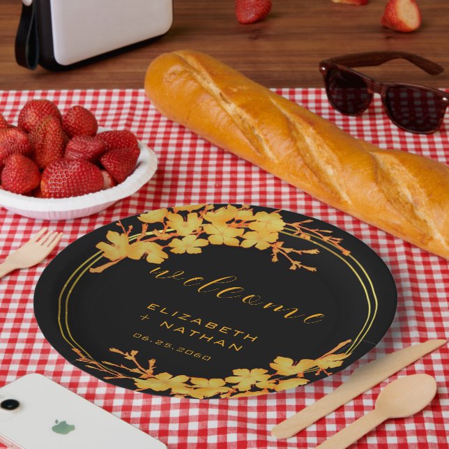 Prato De Papel Clássico Luxo Preto e Dourado Floral (Piquenique)