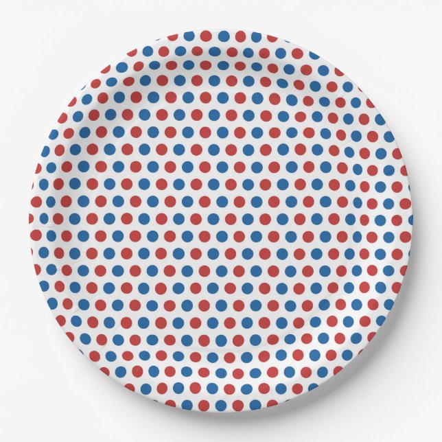 Prato De Papel Clássico Vermelho Azul Polka 4 de julho (Frente)