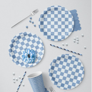 Prato De Papel Clássico Xadrez Azul Marinho e Branco para Piqueni