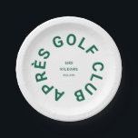 Prato De Papel Clube de Golfe Après Forest Green Golfers Social C<br><div class="desc">Clube de Golfe Après, crista do clube social de golfe floresta verde, pratos de papel. Personalize com o ano do seu encontro de golfe, nome do clube e local. Perfeito para uma viagem de golfe de grupo ou para uma festa de solteiro ou despedida de solteira com tema de golfe...</div>