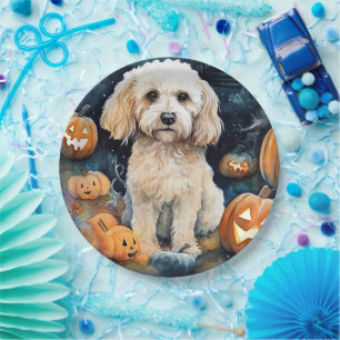 Prato De Papel Cockapoo De Halloween Com Pumpkins Assustado
