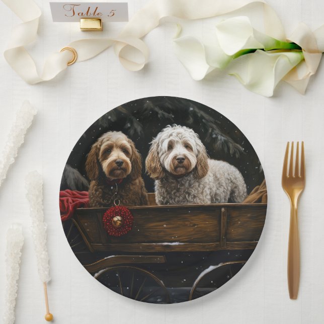 Prato De Papel Cockapoo Trineve Sleigh Decoração de Natal    (Casamento)