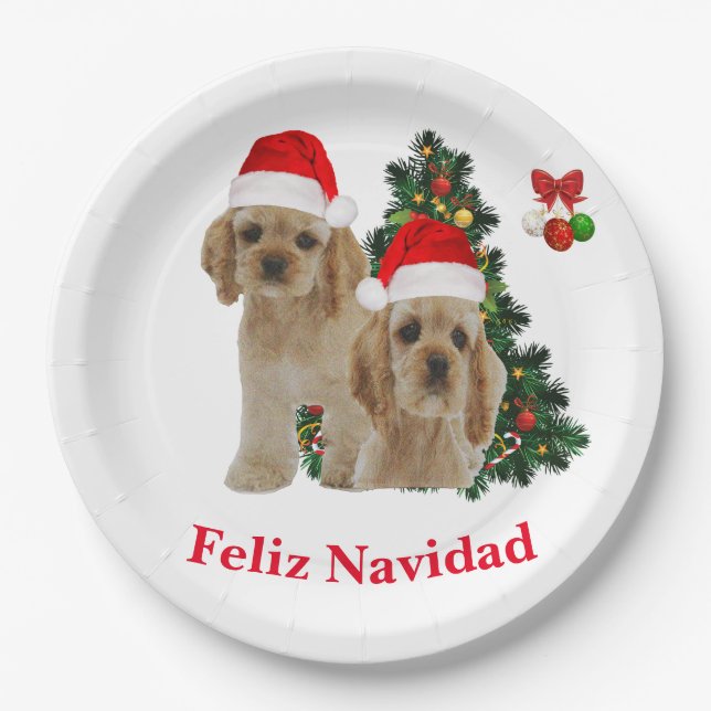 Prato De Papel Cocker spaniel Feliz Navidad (Frente)