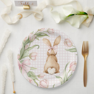 Prato De Papel Coelhinho de Gingham Rosa Tulipas Florais 