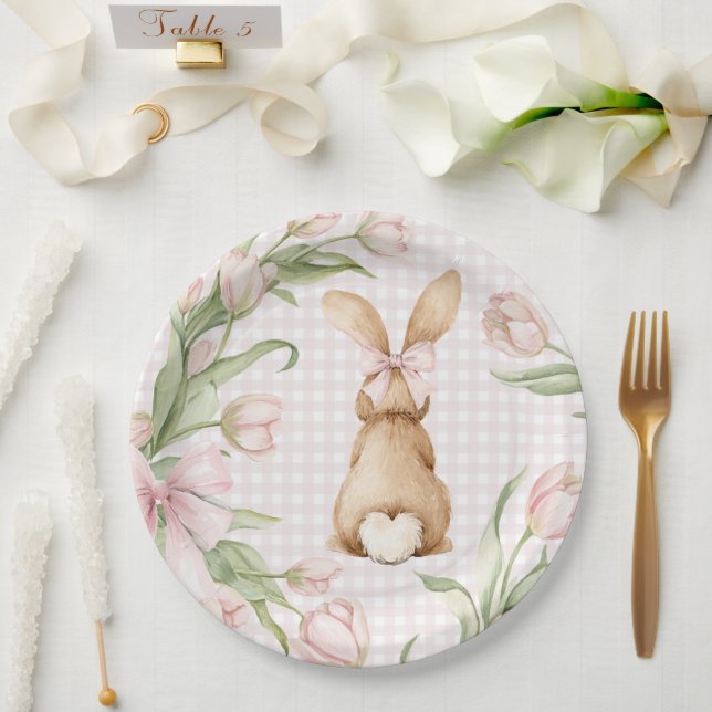 Prato De Papel Coelhinho de Gingham Rosa Tulipas Florais  (Casamento)