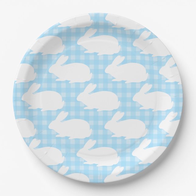 Prato De Papel Coelhinhos Brancos em Padrão Xadrez Azul Pastel (Frente)