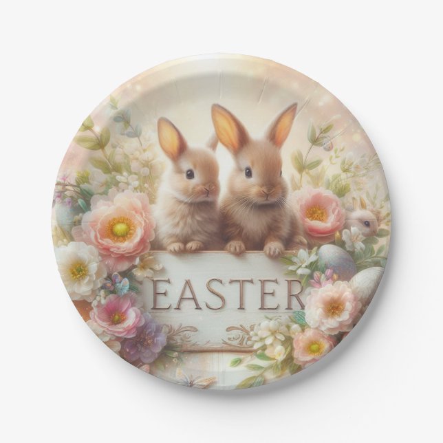 Prato De Papel Coelhinhos e Flores de Páscoa de Bebês (Frente)