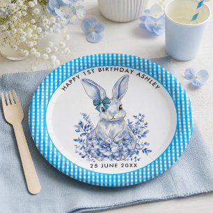 Prato De Papel  Coelho Floral Azul para Aniversário de 1 Ano para