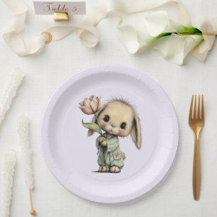 Prato De Papel Coelho Fofo Segurando uma Tulipa