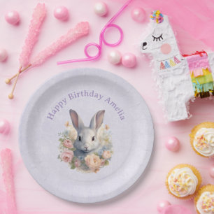 Prato De Papel Coelho Rodeado por Flores Pastel Cute Aniversário