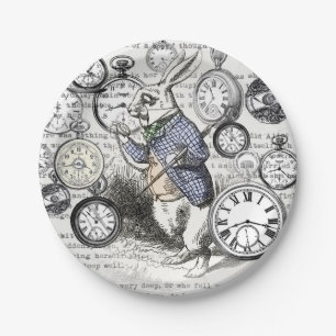 Prato De Papel Coelhos Brancos Alice Terra das Maravilhas Relógio
