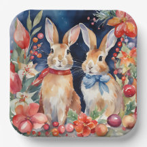 Coelhos de Natal com Aquarela Vermelha Dourada Flo