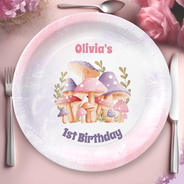 Prato De Papel Cogumelos Puros Rosa Querem primeiro aniversario (Pink Purple Mushrooms Fall 1st Birthday Paper Plates)